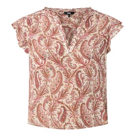 Paige silk top in Antique White Multi paisley print, V-neckline with ruffle trim and flutter sleeves