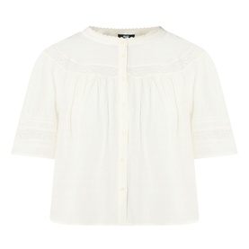Paige ivory cotton blouse with lace yoke detail, short sleeves, and button-front fastening