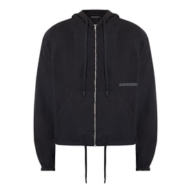 Robyn Lynch black cotton casual jacket with zip front, drawstring hood, and side pockets with logo tab detail