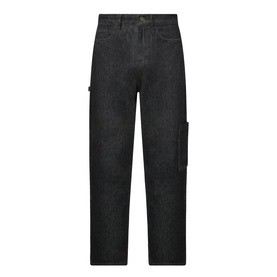 Robyn Lynch Technical Denim Jeans in black, straight-leg with carpenter loop, side patch pocket, and tonal stitching in dark wash denim.