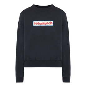 Robyn Lynch off black sweatshirt with rectangular logo graphic in red, white and blue on chest