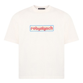 Robyn Lynch Logo Graphic T-Shirt in off white, crew neck, short sleeves, multicolour logo graphic across chest, dropped shoulders