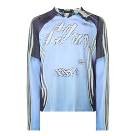 Robyn Lynch blue long-sleeve T-shirt with graphic print, navy panel inserts, and ribbed crew neck in 100% polyester