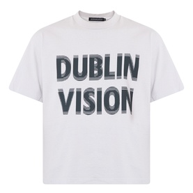 Robyn Lynch grey cotton T-shirt with bold Dublin Vision graphic print in dark lettering, crew neck, short sleeves