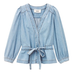 Bash blue denim wrap-style blouse with V-neckline, puff sleeves, elasticated cuffs and tie-front waist detail