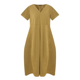 Transit Pleated Pocket Dress in olive, V-neckline, short sleeves, midi length with pleated details and side pockets