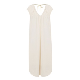 Transit Textured Pocket Dress in sand, V-neckline, self-tie back, short sleeves, inverted front pleat, midi length