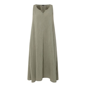 Transit green sleeveless midi dress with V-neckline, A-line silhouette and relaxed fit in textured viscose-linen blend