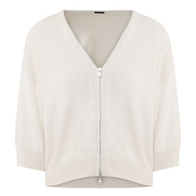Transit Zip Knit Cardigan in sand, V-neckline, two-way zip, three-quarter sleeves, ribbed trims, cropped length