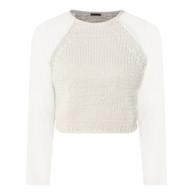 Transit sand cropped knit jumper with open-stitch front panel and raglan long sleeves, cotton blend