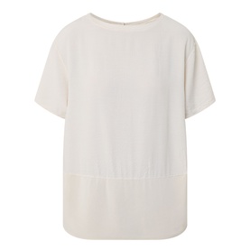 Transit Textured Hybrid T-Shirt in sand, round neckline, short sleeves, contrast woven base hem, keyhole back fastening, straight hemline