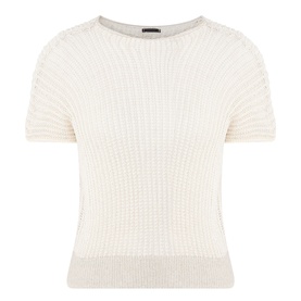 Transit white/sand cotton linen short sleeve crew neck knit top with waffle texture and ribbed hem detail