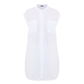 Transit Patch Pocket Blouse in white, longline style with standing collar, cap sleeves, chest patch pockets and curved hemline