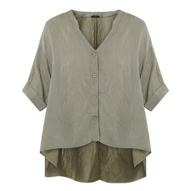 Transit green V-neck shirt with button front, rolled sleeves, and hi-low hem in lyocell-cotton blend