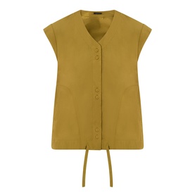 Transit olive cotton shirt with V-neck, cap sleeves, button front placket, and tie detail at hem