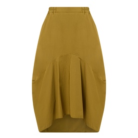 Transit olive cotton skirt with asymmetric hem, front cargo pockets, and gathered ruffle detail at back