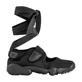Nike split-toe trainer in triple black with wraparound ribbon ankle ties, velcro strap, and chunky black sole