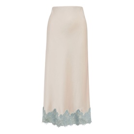 Forever New champagne midi slip skirt with dusty blue lace hem trim, smooth satin finish, no model present
