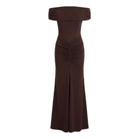 Forever New Dark Chocolate off-shoulder ruched maxi dress with corseted bodice and fishtail hem