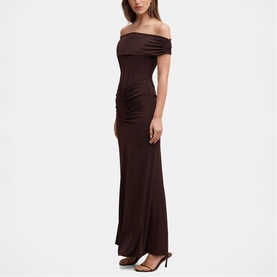 Model wearing Forever New Dark Chocolate off-shoulder ruched maxi dress with fitted silhouette and slight flared hem