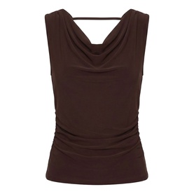Forever New Dark Chocolate sleeveless top with cowl back detail, ruched waist, and thin back strap