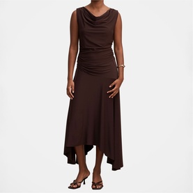 Model wearing Forever New Dark Chocolate sleeveless cowl-neck midi dress with ruched sides and asymmetric hem, styled with brown heeled sandals.