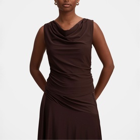 Model wearing Forever New Dark Chocolate sleeveless cowl-neck midi dress with ruched side detail