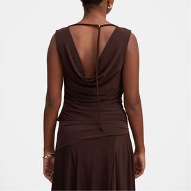 Model wearing Forever New Dark Chocolate co-ord top, rear view showing draped cowl back neckline with gold hardware detail and ruched side skirt.