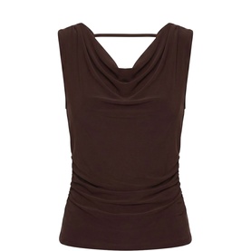 Forever New Dark Chocolate sleeveless top with cowl back detail, ruched waist, and thin back strap
