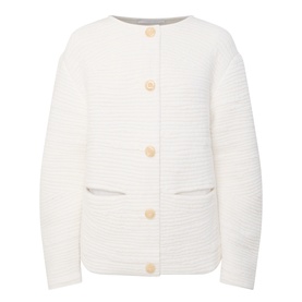 Annette Gortz white cardigan with ribbed texture, round neck, gold-tone buttons and front pockets