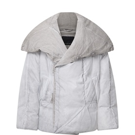 Annette Gortz Raincloud padded coat with oversized lapel collar, asymmetric front fastening, quilted panels in pale grey-white