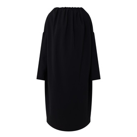 Annette Gortz black midi dress with off-shoulder gathered neckline, long sleeves, and relaxed silhouette in triacetate blend fabric.
