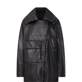 Annette Gortz black lambskin jacket with oversized lapels, asymmetric front zip, and large patch pockets