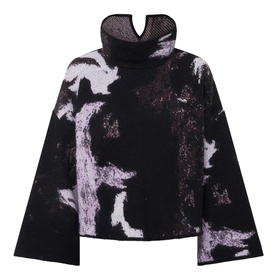 Annette Gortz Still Dust merino wool knitwear in black and lilac abstract print with high neck and wide sleeves