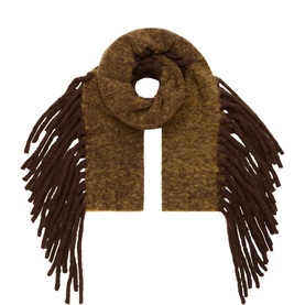 Annette Gortz brass baby alpaca blend scarf with long dark brown fringe trim, styled flat to show full length and texture
