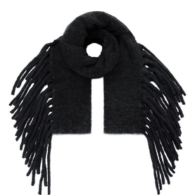 Annette Gortz black baby alpaca blend scarf with long fringe trim along both edges, styled flat