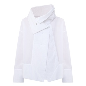 Annette Gortz white cotton shirt with asymmetric wrap collar, diagonal button fastening, and relaxed fit