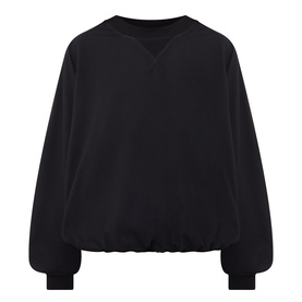 Annette Gortz black silk sweatshirt-style top with crew neck, elasticated hem, and relaxed long sleeves