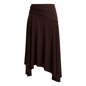 Forever New Dark Chocolate asymmetric midi skirt with ruched waist detail and draped hem, no model
