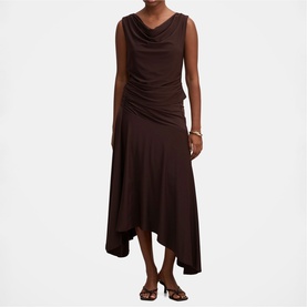 Model wearing Forever New Dark Chocolate sleeveless cowl-neck midi dress with ruched side and asymmetric hem, styled with strappy sandals