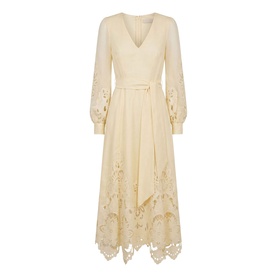 Forever New Soft Yellow midi dress with V-neckline, long blouson sleeves, broderie lace hem, and self-tie waist belt.