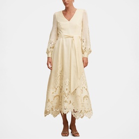 Model wearing Forever New soft yellow midi dress with broderie anglaise hem, balloon sleeves, V-neck, and self-tie waist belt.