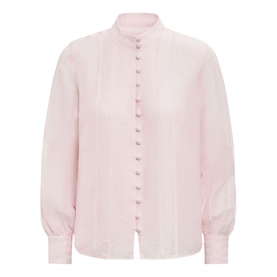 Forever New blush pink long-sleeve blouse with mandarin collar, button-front placket, and textured fabric