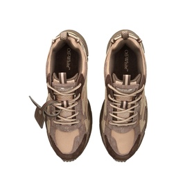 Off White brown chunky trainers, overhead flat-lay view showing lace-up design, mixed texture panels and ridged rubber sole.