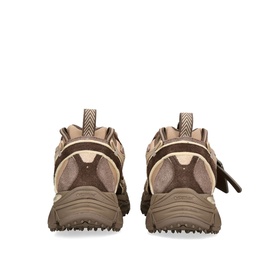 Off-White men's brown chunky trainers, rear view showing textured heel counter, suede panels, and rugged brown rubber sole.