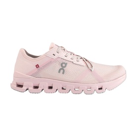 On Cloud X 3 trainer in pale pink mesh upper with tonal laces, pink CloudTec sole, and subtle grey branding detail.