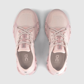 On Cloud 5 trainers in rose pink, mesh upper with tonal laces, viewed from above showing chunky cushioned sole