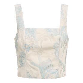 Cream and pale blue floral embroidered sleeveless crop top with square neckline and wide straps