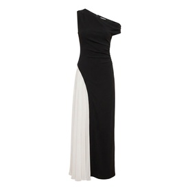 Forever New black and white one-shoulder maxi dress with ruched bodice and pleated contrast panel skirt