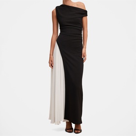 Model wearing Forever New black and white off-shoulder maxi dress with ruched bodice and contrast pleated skirt panel.